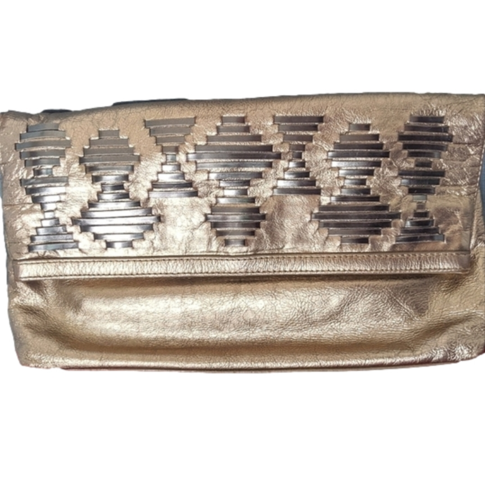 NICOLE Miller Metallic Leather Clutch with Woven Detail